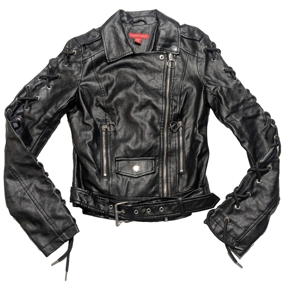 SAKS FIFTH AVENUE Black Vegan Leather Asymmetrical Zip Women XS Moto Jacket EUC